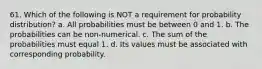 61. Which of the following is NOT a requirement for probability distribution? a. All probabilities must be between 0 and 1. b. The probabilities can be non-numerical. c. The sum of the probabilities must equal 1. d. Its values must be associated with corresponding probability.