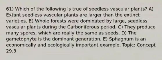 61) Which of the following is true of seedless vascular plants? A) Extant seedless vascular plants are larger than the extinct varieties. B) Whole forests were dominated by large, seedless vascular plants during the Carboniferous period. C) They produce many spores, which are really the same as seeds. D) The gametophyte is the dominant generation. E) Sphagnum is an economically and ecologically important example. Topic: Concept 29.3