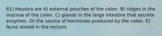 61) Haustra are A) external pouches of the colon. B) ridges in the mucosa of the colon. C) glands in the large intestine that secrete enzymes. D) the source of hormones produced by the colon. E) feces stored in the rectum.