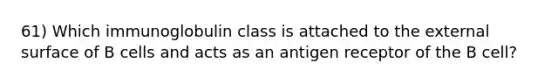 61) Which immunoglobulin class is attached to the external surface of B cells and acts as an antigen receptor of the B cell?