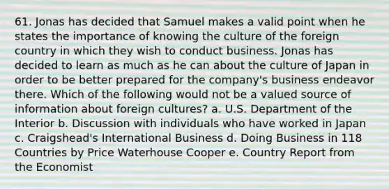 61. Jonas has decided that Samuel makes a valid point when he states the importance of knowing the culture of the foreign country in which they wish to conduct business. Jonas has decided to learn as much as he can about the culture of Japan in order to be better prepared for the company's business endeavor there. Which of the following would not be a valued source of information about foreign cultures? a. U.S. Department of the Interior b. Discussion with individuals who have worked in Japan c. Craigshead's International Business d. Doing Business in 118 Countries by Price Waterhouse Cooper e. Country Report from the Economist