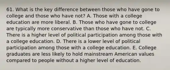 61. What is the key difference between those who have gone to college and those who have not? A. Those with a college education are more liberal. B. Those who have gone to college are typically more conservative than those who have not. C. There is a higher level of political participation among those with a college education. D. There is a lower level of political participation among those with a college education. E. College graduates are less likely to hold mainstream American values compared to people without a higher level of education.