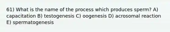 61) What is the name of the process which produces sperm? A) capacitation B) testogenesis C) oogenesis D) acrosomal reaction E) spermatogenesis