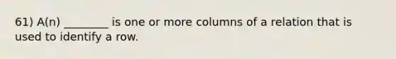 61) A(n) ________ is one or more columns of a relation that is used to identify a row.