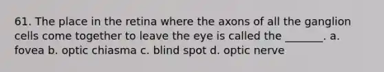 61. The place in the retina where the axons of all the ganglion cells come together to leave the eye is called the _______. a. fovea b. optic chiasma c. blind spot d. optic nerve