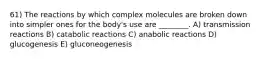 61) The reactions by which complex molecules are broken down into simpler ones for the body's use are ________. A) transmission reactions B) catabolic reactions C) anabolic reactions D) glucogenesis E) gluconeogenesis