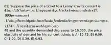 61) Suppose the price of a ticket to a Lenny Kravitz concert is 41 and at that price, the quantity of tickets demanded is 17,000 per concert. Using the midpoint method of calculating percentage changes, if Mr. Kravitz raises the price to48 and the quantity demanded decreases to 16,000, the price elasticity of demand for his concert tickets is A) 15.73. B) 6.06. C) 1.00. D) 0.39. E) 0.93.