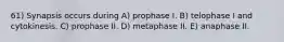 61) Synapsis occurs during A) prophase I. B) telophase I and cytokinesis. C) prophase II. D) metaphase II. E) anaphase II.