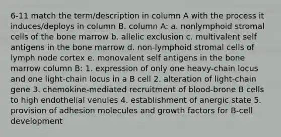 6-11 match the term/description in column A with the process it induces/deploys in column B. column A: a. nonlymphoid stromal cells of the bone marrow b. allelic exclusion c. multivalent self antigens in the bone marrow d. non-lymphoid stromal cells of lymph node cortex e. monovalent self antigens in the bone marrow column B: 1. expression of only one heavy-chain locus and one light-chain locus in a B cell 2. alteration of light-chain gene 3. chemokine-mediated recruitment of blood-brone B cells to high endothelial venules 4. establishment of anergic state 5. provision of adhesion molecules and growth factors for B-cell development