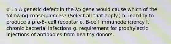 6-15 A genetic defect in the λ5 gene would cause which of the following consequences? (Select all that apply.) b. inability to produce a pre-B- cell receptor e. B-cell immunodeficiency f. chronic bacterial infections g. requirement for prophylactic injections of antibodies from healthy donors.