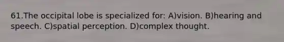 61.The occipital lobe is specialized for: A)vision. B)hearing and speech. C)spatial perception. D)complex thought.