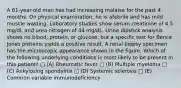 A 61-year-old man has had increasing malaise for the past 4 months. On physical examination, he is afebrile and has mild muscle wasting. Laboratory studies show serum creatinine of 4.5 mg/dL and urea nitrogen of 44 mg/dL. Urine dipstick analysis shows no blood, protein, or glucose, but a specific test for Bence Jones proteins yields a positive result. A renal biopsy specimen has the microscopic appearance shown in the figure. Which of the following underlying conditions is most likely to be present in this patient? □ (A) Rheumatic fever □ (B) Multiple myeloma □ (C) Ankylosing spondylitis □ (D) Systemic sclerosis □ (E) Common variable immunodeficiency