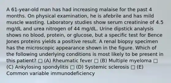 A 61-year-old man has had increasing malaise for the past 4 months. On physical examination, he is afebrile and has mild muscle wasting. Laboratory studies show serum creatinine of 4.5 mg/dL and urea nitrogen of 44 mg/dL. Urine dipstick analysis shows no blood, protein, or glucose, but a specific test for Bence Jones proteins yields a positive result. A renal biopsy specimen has the microscopic appearance shown in the figure. Which of the following underlying conditions is most likely to be present in this patient? □ (A) Rheumatic fever □ (B) Multiple myeloma □ (C) Ankylosing spondylitis □ (D) Systemic sclerosis □ (E) Common variable immunodeficiency