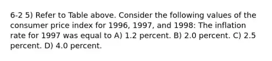 6-2 5) Refer to Table above. Consider the following values of the consumer price index for 1996, 1997, and 1998: The inflation rate for 1997 was equal to A) 1.2 percent. B) 2.0 percent. C) 2.5 percent. D) 4.0 percent.