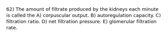 62) The amount of filtrate produced by the kidneys each minute is called the A) corpuscular output. B) autoregulation capacity. C) filtration ratio. D) net filtration pressure. E) glomerular filtration rate.