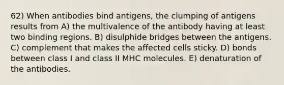 62) When antibodies bind antigens, the clumping of antigens results from A) the multivalence of the antibody having at least two binding regions. B) disulphide bridges between the antigens. C) complement that makes the affected cells sticky. D) bonds between class I and class II MHC molecules. E) denaturation of the antibodies.