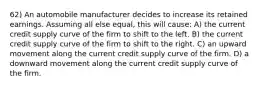 62) An automobile manufacturer decides to increase its retained earnings. Assuming all else equal, this will cause: A) the current credit supply curve of the firm to shift to the left. B) the current credit supply curve of the firm to shift to the right. C) an upward movement along the current credit supply curve of the firm. D) a downward movement along the current credit supply curve of the firm.