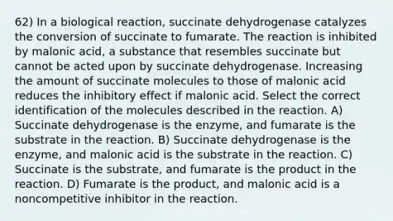 62) In a biological reaction, succinate dehydrogenase catalyzes the conversion of succinate to fumarate. The reaction is inhibited by malonic acid, a substance that resembles succinate but cannot be acted upon by succinate dehydrogenase. Increasing the amount of succinate molecules to those of malonic acid reduces the inhibitory effect if malonic acid. Select the correct identification of the molecules described in the reaction. A) Succinate dehydrogenase is the enzyme, and fumarate is the substrate in the reaction. B) Succinate dehydrogenase is the enzyme, and malonic acid is the substrate in the reaction. C) Succinate is the substrate, and fumarate is the product in the reaction. D) Fumarate is the product, and malonic acid is a noncompetitive inhibitor in the reaction.