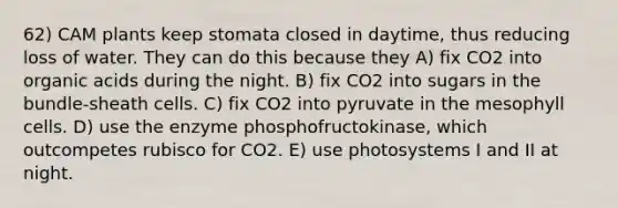 62) CAM plants keep stomata closed in daytime, thus reducing loss of water. They can do this because they A) fix CO2 into organic acids during the night. B) fix CO2 into sugars in the bundle-sheath cells. C) fix CO2 into pyruvate in the mesophyll cells. D) use the enzyme phosphofructokinase, which outcompetes rubisco for CO2. E) use photosystems I and II at night.