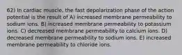 62) In cardiac muscle, the fast depolarization phase of the action potential is the result of A) increased membrane permeability to sodium ions. B) increased membrane permeability to potassium ions. C) decreased membrane permeability to calcium ions. D) decreased membrane permeability to sodium ions. E) increased membrane permeability to chloride ions.