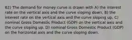 62) The demand for money curve is drawn with A) the interest rate on the vertical axis and the curve sloping down. B) the interest rate on the vertical axis and the curve sloping up. C) nominal Gross Domestic Product (GDP) on the vertical axis and the curve sloping up. D) nominal Gross Domestic Product (GDP) on the horizontal axis and the curve sloping down.