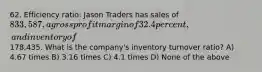 62. Efficiency ratio: Jason Traders has sales of 833,587, a gross profit margin of 32.4 percent, and inventory of178,435. What is the company's inventory turnover ratio? A) 4.67 times B) 3.16 times C) 4.1 times D) None of the above