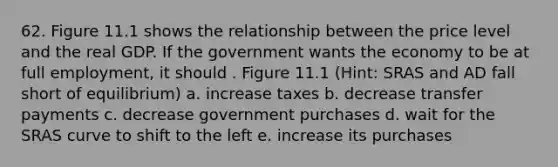 62. Figure 11.1 shows the relationship between the price level and the real GDP. If the government wants the economy to be at full employment, it should . Figure 11.1 (Hint: SRAS and AD fall short of equilibrium) a. increase taxes b. decrease transfer payments c. decrease government purchases d. wait for the SRAS curve to shift to the left e. increase its purchases