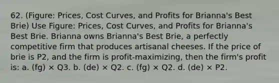 62. (Figure: Prices, Cost Curves, and Profits for Brianna's Best Brie) Use Figure: Prices, Cost Curves, and Profits for Brianna's Best Brie. Brianna owns Brianna's Best Brie, a perfectly competitive firm that produces artisanal cheeses. If the price of brie is P2, and the firm is profit-maximizing, then the firm's profit is: a. (fg) × Q3. b. (de) × Q2. c. (fg) × Q2. d. (de) × P2.