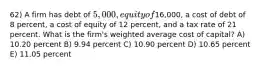 62) A firm has debt of 5,000, equity of16,000, a cost of debt of 8 percent, a cost of equity of 12 percent, and a tax rate of 21 percent. What is the firm's weighted average cost of capital? A) 10.20 percent B) 9.94 percent C) 10.90 percent D) 10.65 percent E) 11.05 percent