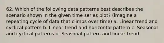 62. Which of the following data patterns best describes the scenario shown in the given time series plot? (imagine a repeating cycle of data that climbs over time) a. Linear trend and cyclical pattern b. Linear trend and horizontal pattern c. Seasonal and cyclical patterns d. Seasonal pattern and linear trend