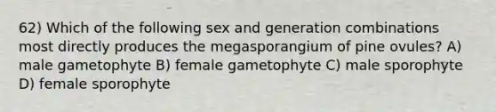 62) Which of the following sex and generation combinations most directly produces the megasporangium of pine ovules? A) male gametophyte B) female gametophyte C) male sporophyte D) female sporophyte