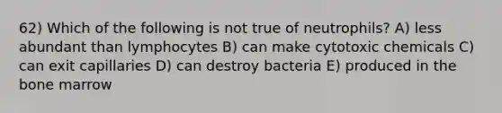 62) Which of the following is not true of neutrophils? A) less abundant than lymphocytes B) can make cytotoxic chemicals C) can exit capillaries D) can destroy bacteria E) produced in the bone marrow