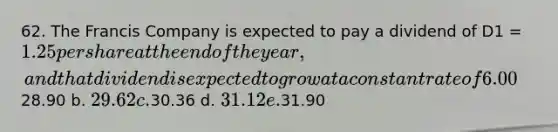 62. The Francis Company is expected to pay a dividend of D1 = 1.25 per share at the end of the year, and that dividend is expected to grow at a constant rate of 6.00% per year in the future. The company's beta is 1.15, the market risk premium is 5.50%, and the risk-free rate is 4.00%. What is the company's current stock price? a.28.90 b. 29.62 c.30.36 d. 31.12 e.31.90