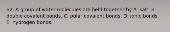 62. A group of water molecules are held together by A. salt. B. double covalent bonds. C. polar covalent bonds. D. ionic bonds. E. hydrogen bonds.