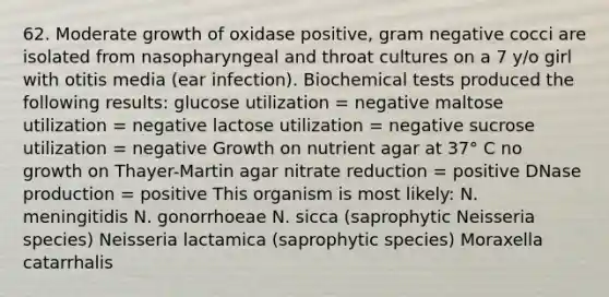 62. Moderate growth of oxidase positive, gram negative cocci are isolated from nasopharyngeal and throat cultures on a 7 y/o girl with otitis media (ear infection). Biochemical tests produced the following results: glucose utilization = negative maltose utilization = negative lactose utilization = negative sucrose utilization = negative Growth on nutrient agar at 37° C no growth on Thayer-Martin agar nitrate reduction = positive DNase production = positive This organism is most likely: N. meningitidis N. gonorrhoeae N. sicca (saprophytic Neisseria species) Neisseria lactamica (saprophytic species) Moraxella catarrhalis