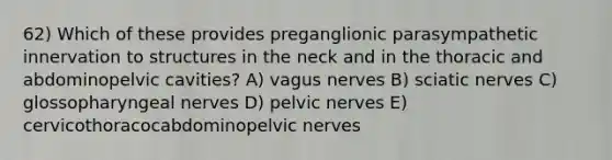 62) Which of these provides preganglionic parasympathetic innervation to structures in the neck and in the thoracic and abdominopelvic cavities? A) vagus nerves B) sciatic nerves C) glossopharyngeal nerves D) pelvic nerves E) cervicothoracocabdominopelvic nerves