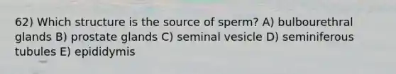 62) Which structure is the source of sperm? A) bulbourethral glands B) prostate glands C) seminal vesicle D) seminiferous tubules E) epididymis