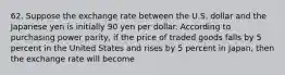 62. Suppose the exchange rate between the U.S. dollar and the Japanese yen is initially 90 yen per dollar. According to purchasing power parity, if the price of traded goods falls by 5 percent in the United States and rises by 5 percent in Japan, then the exchange rate will become