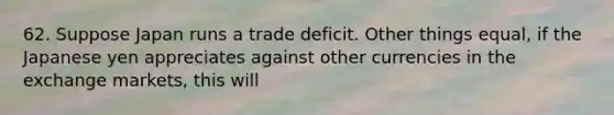 62. Suppose Japan runs a trade deficit. Other things equal, if the Japanese yen appreciates against other currencies in the exchange markets, this will