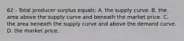 62 - Total producer surplus equals: A. the supply curve. B. the area above the supply curve and beneath the market price. C. the area beneath the supply curve and above the demand curve. D. the market price.