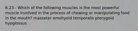 6.23 - Which of the following muscles is the most powerful muscle involved in the process of chewing or manipulating food in the mouth? masseter omohyoid temporalis pterygoid hyoglossus