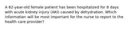 A 62-year-old female patient has been hospitalized for 8 days with acute kidney injury (AKI) caused by dehydration. Which information will be most important for the nurse to report to the health care provider?