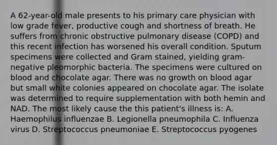 A 62-year-old male presents to his primary care physician with low grade fever, productive cough and shortness of breath. He suffers from chronic obstructive pulmonary disease (COPD) and this recent infection has worsened his overall condition. Sputum specimens were collected and Gram stained, yielding gram-negative pleomorphic bacteria. The specimens were cultured on blood and chocolate agar. There was no growth on blood agar but small white colonies appeared on chocolate agar. The isolate was determined to require supplementation with both hemin and NAD. The most likely cause the this patient's illness is: A. Haemophilus influenzae B. Legionella pneumophila C. Influenza virus D. Streptococcus pneumoniae E. Streptococcus pyogenes