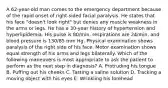 A 62-year-old man comes to the emergency department because of the rapid onset of right-sided facial paralysis. He states that his face "doesn't look right" but denies any muscle weakness in the arms or legs. He has a 30-year history of hypertension and hyperlipidemia. His pulse is 80/min, respirations are 24/min, and blood pressure is 130/85 mm Hg. Physical examination shows paralysis of the right side of his face. Motor examination shows equal strength of his arms and legs bilaterally. Which of the following maneuvers is most appropriate to ask the patient to perform as the next step in diagnosis? A. Protruding his tongue B. Puffing out his cheeks C. Tasting a saline solution D. Tracking a moving object with his eyes E. Wrinkling his forehead