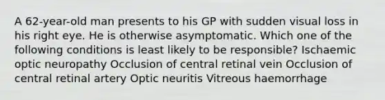 A 62-year-old man presents to his GP with sudden visual loss in his right eye. He is otherwise asymptomatic. Which one of the following conditions is least likely to be responsible? Ischaemic optic neuropathy Occlusion of central retinal vein Occlusion of central retinal artery Optic neuritis Vitreous haemorrhage