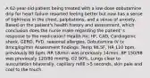 A 62-year-old patient being treated with a low-dose dobutamine drip for heart failure reported feeling better but now has a sense of tightness in the chest, palpitations, and a sense of anxiety. Based on the patient's health history and assessment, which conclusion does the nurse make regarding the patient' s response to the medication? Health Hx: HF, CAD, Cardiogenic shock, GERD, PVD, seasonal allergies, Dobutamine IV tx 8mcg/kg/min Assessment findings: Temp 98.5F, HR 110 bpm, previously 86 bpm, RR 18/min was previously 14/min, BP 150/98 was previously 120/80 mmHg, O2 90%, Lungs clear to auscultation bilaterally, capillary refill >5 seconds, skin pale and cool to the touch