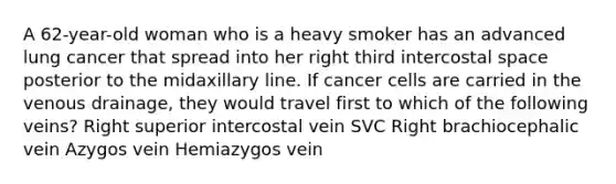 A 62-year-old woman who is a heavy smoker has an advanced lung cancer that spread into her right third intercostal space posterior to the midaxillary line. If cancer cells are carried in the venous drainage, they would travel first to which of the following veins? Right superior intercostal vein SVC Right brachiocephalic vein Azygos vein Hemiazygos vein