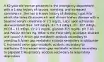 A 62-year-old woman presents to the emergency department with a 1-day history of nausea, vomiting, and increased somnolence. She has a known history of diabetes, type II for which she takes Glucovance® and chronic kidney disease with a baseline serum creatinine of 1.5 mg/dL. Labs upon admission demonstrated: Na+ 147 mEq/L, K+ 5.1 mEq/L, Cl− 107 mEq/L, HCO3− 15 mEq/L, Cr 2.1 mg/dL, glucose 315 mg/dL, pH 7.20, and PaCO2 30 mm Hg. What is the most likely acid-base disorder and cause? A Anion gap metabolic acidosis secondary to vomiting B Anion gap metabolic acidosis secondary to glyburide C Increased anion gap metabolic acidosis secondary to metformin D Increased anion gap metabolic acidosis secondary to glipizide E Respiratory acidosis secondary to respiratory depression