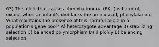 63) The allele that causes phenylketonuria (PKU) is harmful, except when an infant's diet lacks the amino acid, phenylalanine. What maintains the presence of this harmful allele in a population's gene pool? A) heterozygote advantage B) stabilizing selection C) balanced polymorphism D) diploidy E) balancing selection