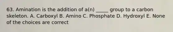 63. Amination is the addition of a(n) _____ group to a carbon skeleton. A. Carboxyl B. Amino C. Phosphate D. Hydroxyl E. None of the choices are correct